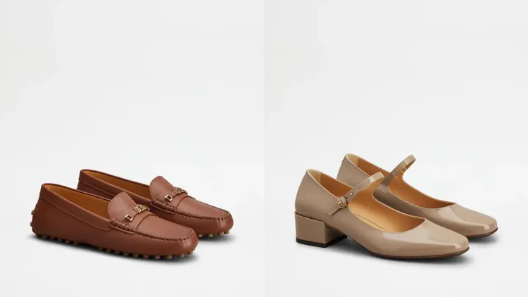 米褐色高跟瑪莉珍鞋（左）3萬4100元、Kate棕色豆豆鞋（右）2萬8900元。品牌提供