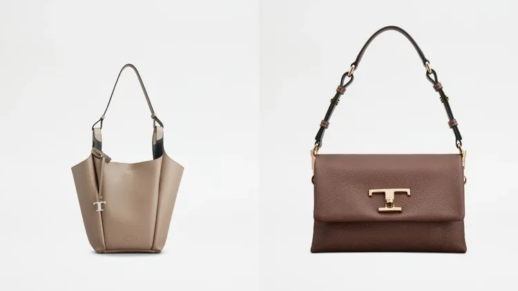 TOD’S Apa灰褐色小型托特包（左）4萬9900元、T Timeless Soft木質棕肩背包（右）8萬9900元。品牌提供