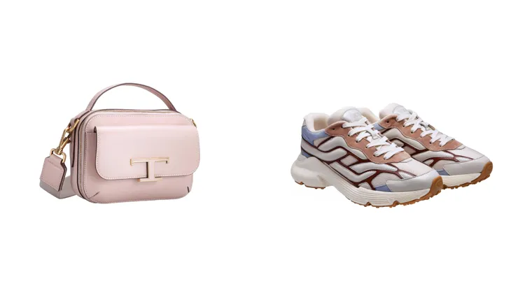 TOD’S台灣限定款T Timeless裸粉色相機包（左）7萬5900元、Kate休閒鞋（右）3萬900元。品牌提供