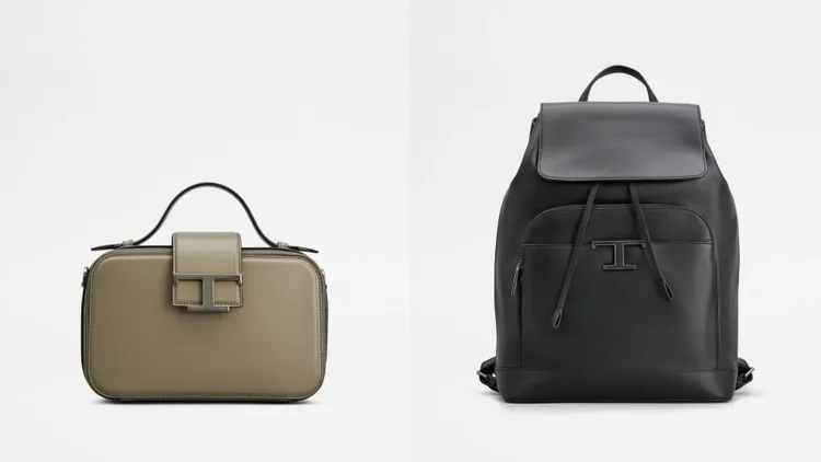 T Timeless灰石色相機包（左）8萬3900元、T Timeless黑色後背包（右）8萬7500元。品牌提供