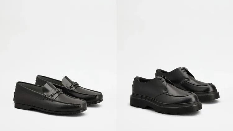 Kate男士黑色膠底豆豆鞋（左）2萬8900元、黑色德比鞋（右）3萬900元。品牌提供