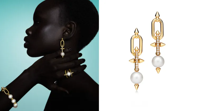 Tiffany Titan by Pharrell Williams系列18K黃金鑽石與珍珠耳環。品牌提供