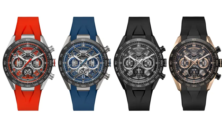 泰格豪雅Carrera Chronograph Extreme Sport計時腕錶，44mm，精細磨砂噴砂2級鈦金屬/18K 5N玫瑰金精細磨砂拋光錶殼，精細磨砂鍍銠鏤空/精細磨砂黑色飾面鏤空錶盤，一體式橡膠錶帶，TH20-00機芯，動力儲存80小時，防水深度100米，熾焰橘/經典藍26萬9200元、曜黑27萬5900元、玫瑰金40萬3800元。品牌提供