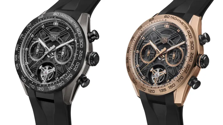 泰格豪雅Carrera Chronograph Tourbillon Extreme Sport陀飛輪計時腕錶，44mm，精細磨砂噴砂2級鈦金屬/18K 5N玫瑰金精細磨砂拋光錶殼，精細磨砂黑色飾面鏤空錶盤，黑色一體式橡膠錶帶，TH20-09機芯，動力儲存65小時，防水深度100米，曜黑85萬8100元、玫瑰金107萬6800元。品牌提供