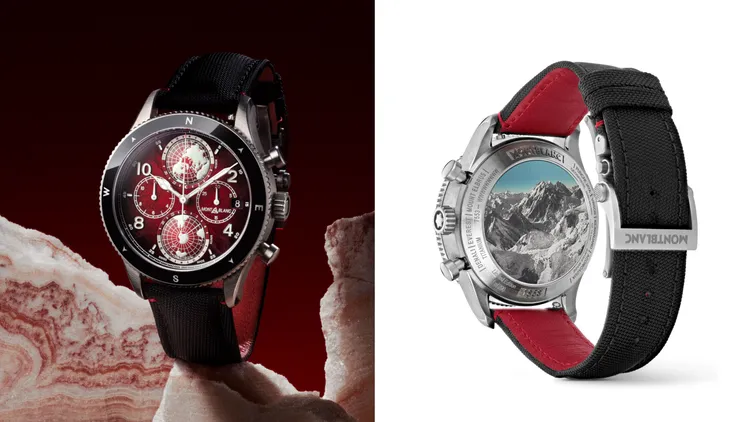 萬寶龍1858系列Geosphere世界時間零氧腕錶限量款290，44mm，無氧鈦金屬錶殼，紅色暈染紅色冰川圖案錶盤，黑色可替換織布錶帶，MB 29.27機芯配備計時碼錶與世界時間複雜功能，動力儲存46小時，防水深度100米，限量290只，32萬9300元。品牌提供