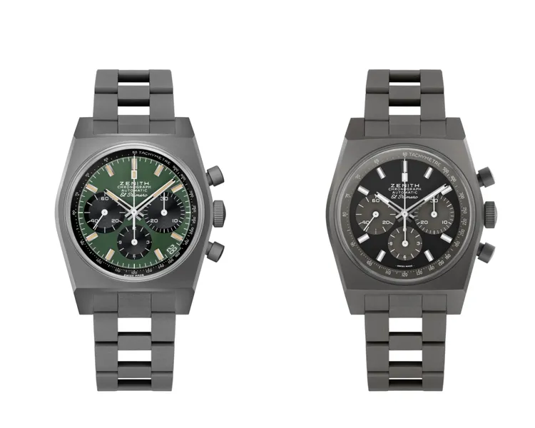 真力時Chronomaster Revival Safari和Chronomaster Revival Shadow錶款，搭配上全新霧面鈦金屬梯形錶鍊。品牌提供