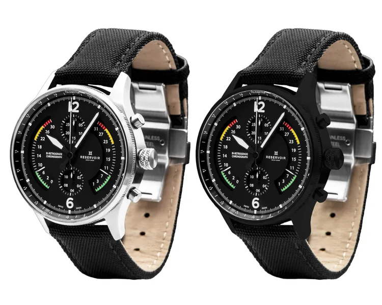 鋭速錶Chronograph空戰計時碼錶，43mm，精鋼錶殼/黑色PVD精鋼錶殼，黑色錶面，NATO錶帶，RSV-Bi120自動機械上鍊機芯，動力儲存60小時，防水深度50米，各21萬8000元。品牌提供