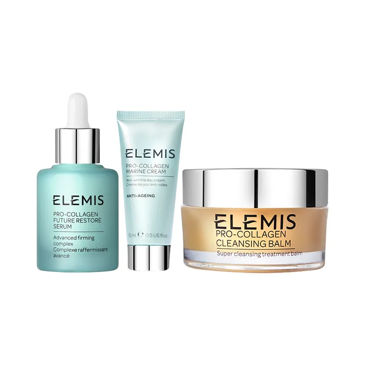 海洋膠原再生精華組，包含30ml海洋膠原全能逆時精華、15ml海洋膠原緊緻精華乳霜、20g海洋膠原精油卸妝膏，4950元（原價7220元）。品牌提供