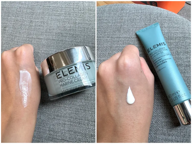 海洋膠原緊緻精華乳霜（左圖）與海洋膠原全效防護隔離乳（右圖）質地。張家玲攝