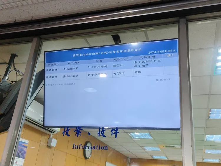 台北地院外告示牌寫到柯文哲無保飭回、彭振聲則羈押禁見。張欽攝