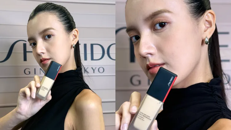 Model示範資生堂超進化持久粉底N，打造持久霧光肌。張家玲攝