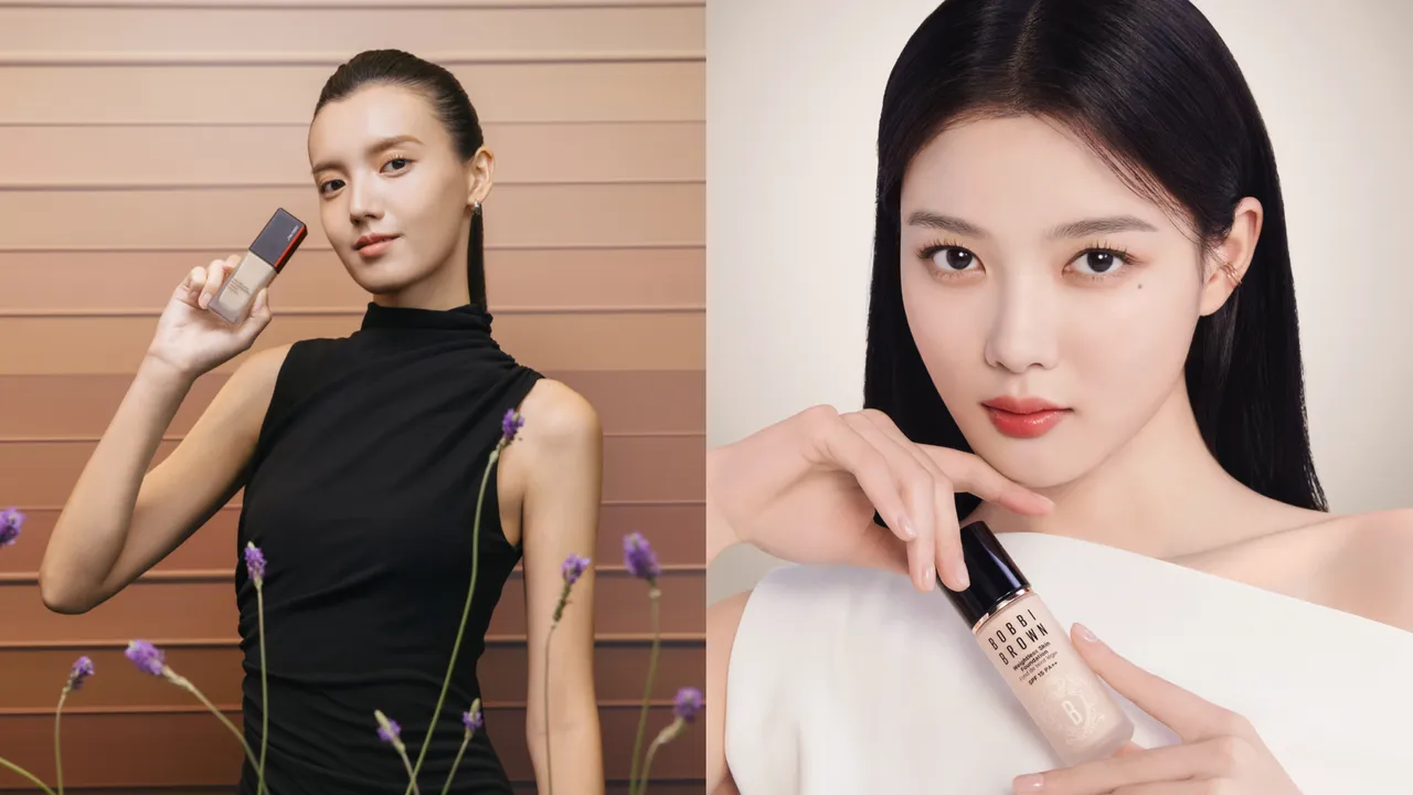 資生堂（左圖）推出升級版養膚型粉底，BOBBI BROWN底妝新品深受韓星金裕貞喜愛。品牌提供