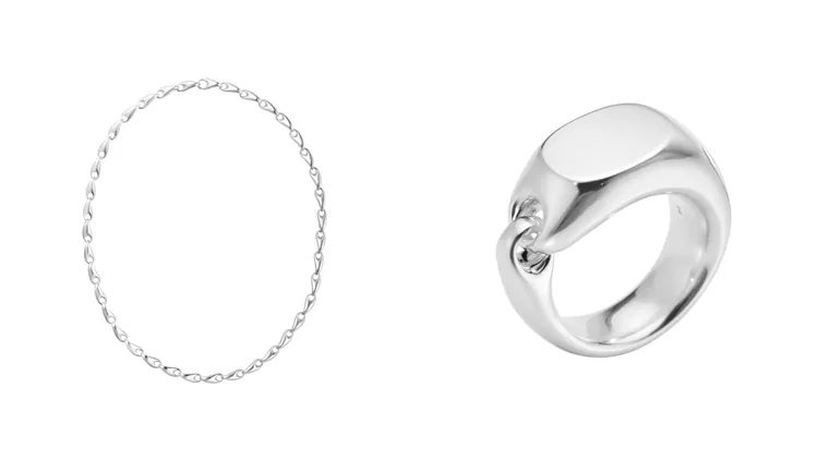 Reflect 60cm純銀鏈節項鍊（左圖）4萬1000元、純銀圖章戒指大（右圖）1萬元。品牌提供