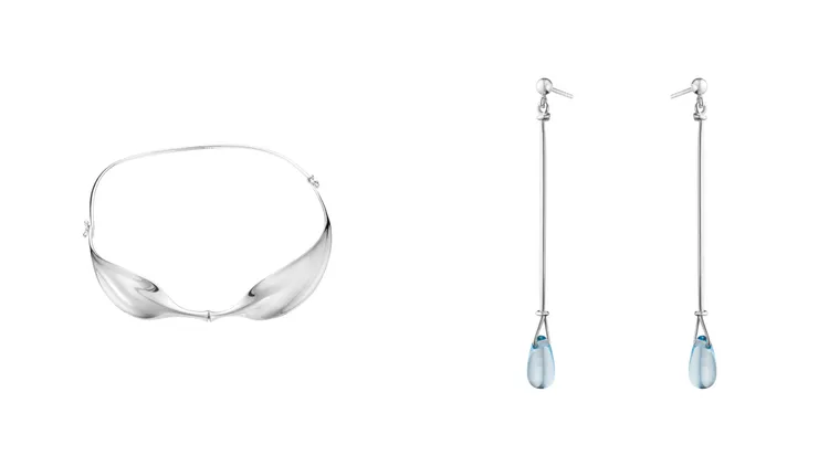 Vivianna Torun Celebration純銀項鍊（左圖）3萬5500元、純銀藍色拓帕石垂墜式耳環（右圖）9000元。品牌提供