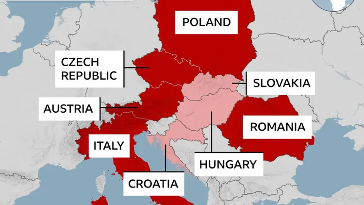 紅色區塊為已造成洪水氾濫國家，包含波蘭等國，而粉色區塊為水位高漲地區，主要為匈牙利。翻攝自BBC