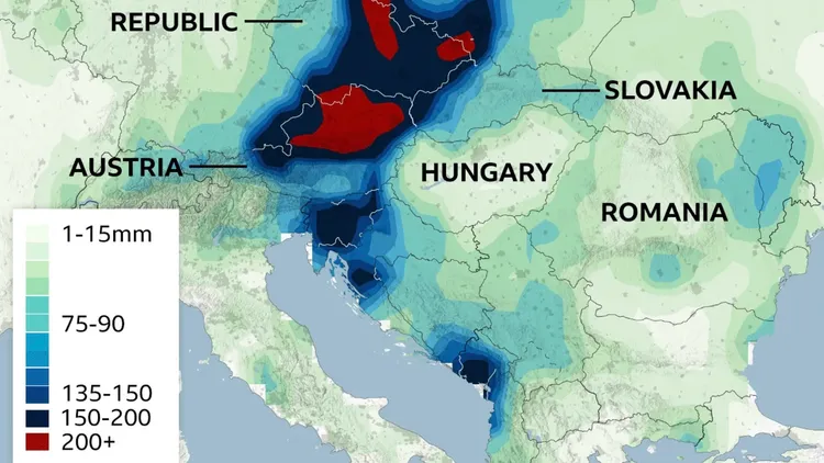 歐洲部分地區雨量已達200毫米。翻攝自BBC