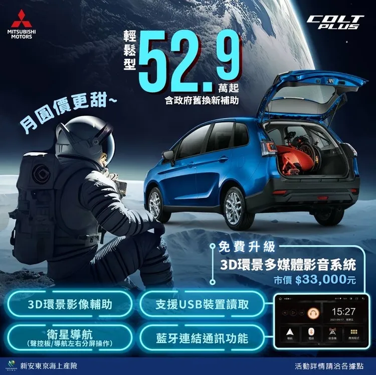 9月購買Colt Plus輕鬆型只要52.9萬元起(含政府舊換新補助)，領牌再加碼免費升級3D環景多媒體影音系統。業者提供