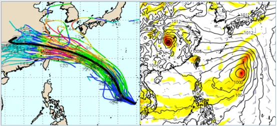 最新(10日20時)歐洲模式(ECMWF)系集50次模擬路徑顯示，「貝碧佳」平均路徑與台灣有距離，但仍有個別路徑離台很近的(左圖)。最新(10日20時)歐洲模式模擬顯示，下週二(17日)20時菲律賓東方海面另有擾動發展(右圖) (左圖擷自weathernerd，右圖tropical tidbits)氣象應用推廣基金會