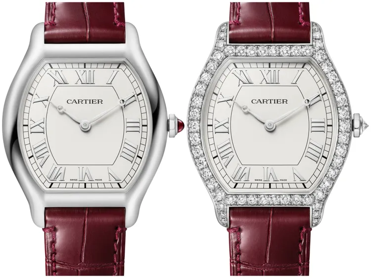 藏家系列Cartier Privé Tortue腕錶，鉑金款（左圖）限量200只、鉑金鋪鑲鑽石款（右圖）限量50只。品牌提供