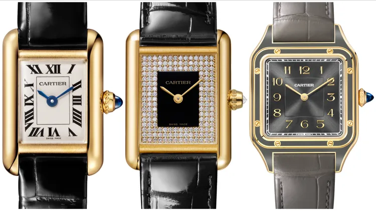 經典腕錶系列（左起）Tank Louis Cartier腕錶迷你款、Tank Louis Cartier腕錶小型款、Santos-Dumont腕錶。品牌提供