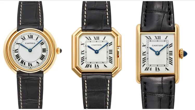 近現代暨古董腕錶系列作品（左起）Vendôme(1977)、Ceinture Louis Cartier(1977)、Tank Louis Cartier(1987)。品牌提供