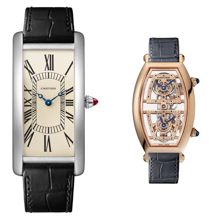 特殊年份復刻系列，Tank Cintree鉑金腕錶100周年復刻錶款（左圖）、 Tonneau雙時區鏤空腕錶（右圖）。品牌提供