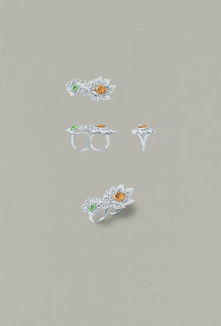 帕拉伊巴碧璽搭配8.13克拉錳鋁榴石雙戒指。品牌提供