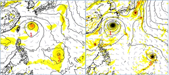 最新(3日20時)歐洲模式(ECMWF左圖)及美國模式(GFS右圖)模擬顯示，下週二(10日)在台灣東方及關島西南方各有有颱風醞釀。(圖擷自tropical tidbits)氣象應用推廣基金會