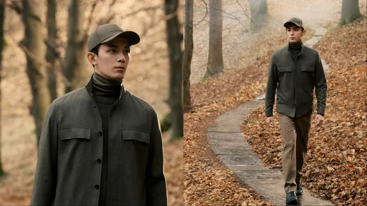 吳磊穿著Il Conte伯爵外套搭上綠色高領、卡其色長褲。品牌提供