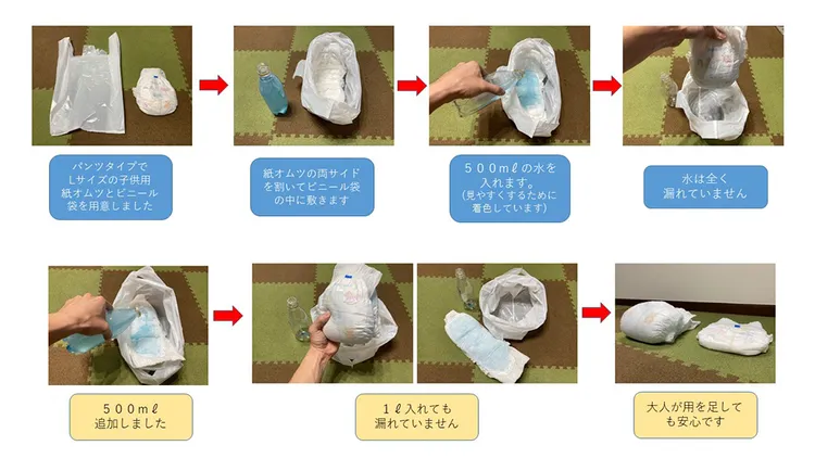 日本警視廳警備部災害對策課實測尿布的吸水力，認為當成人簡易廁所完全沒問題。翻攝自X