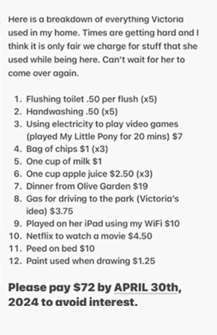 潔西卡公布姊姊向她收費明細。