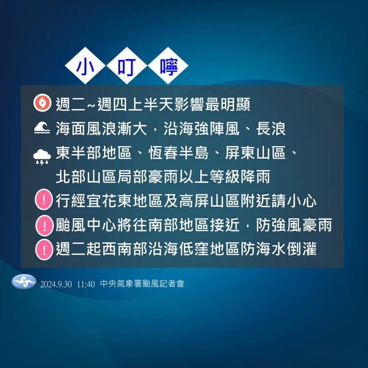 山陀兒颱風天氣提醒。氣象署提供