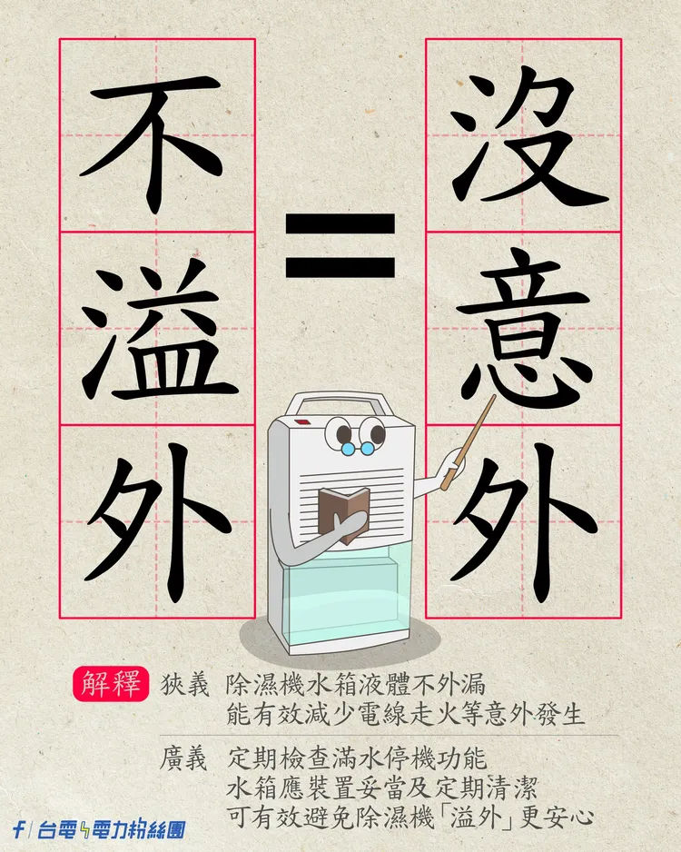 除濕機如果水箱的水太滿溢出遇水易產生短路。台電提供