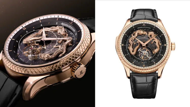 積家超凡複雜工藝大師系列945型機芯祥龍腕錶，45mm，18K玫瑰金錶殼，噴砂處理黑色錶盤，鱷魚皮錶帶，積家945型手動上鍊機械機芯，動力儲存40小時，防水深度50米，全球限量5只，2240萬元。品牌提供
