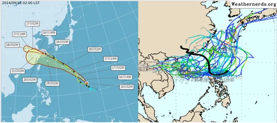 今(16)日2時中央氣象署「路徑潛勢預測圖」顯示，第13號中颱「貝碧佳」中心即將登陸，正侵襲長江三角洲，向西北西推進。第14號輕颱「葡萄桑」在關島附近，其預測路徑略比「貝碧佳」路徑偏南(左圖)。最新(15日20時)美國系集模式(GEFS)模擬(右圖)顯示，另一擾動在呂宋島附近醞釀，系集模擬路徑非常分散。(圖擷自weathernerds)氣象應用推廣基金會