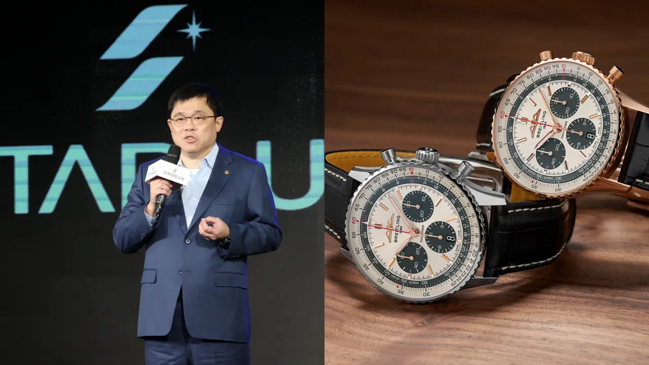 星宇航空創辦人今日出席百年靈與星宇航空聯名錶款發布記者會。左圖莊宗達攝、右圖品牌提供