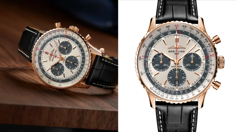 Navitimer B01 Chronograph 43 STARLUX AIRLINES EDITION航空計時腕錶，43mm，18K紅金，銀色錶盤，黑色鱷魚皮錶帶，百年靈自製01機芯，動力儲存70小時，防水深度30米，限量25只，僅在百年靈台北101專賣店販售，63萬3000元。品牌提供