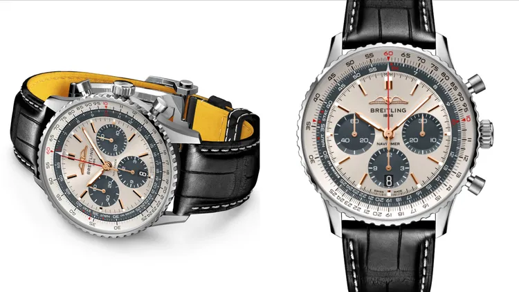 Navitimer B01 Chronograph 43 STARLUX AIRLINES EDITION航空計時腕錶，43mm，精鋼，銀色錶盤，黑色鱷魚皮錶帶，百年靈自製01機芯，動力儲存70小時，防水深度30米，限量140只，全台品牌官方經銷錶店與台北101專賣店均可入手，28萬8000元。品牌提供