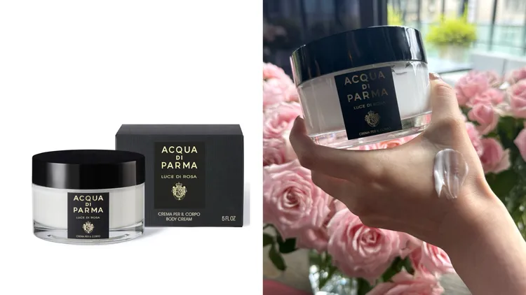 帕爾瑪之水曦光玫瑰身體乳，150ml／3900元。左圖品牌提供、右圖張家玲攝