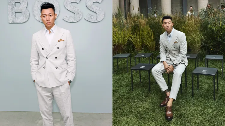 E.SO瘦子搭配BOSS淺灰色西裝套裝登場。品牌提供