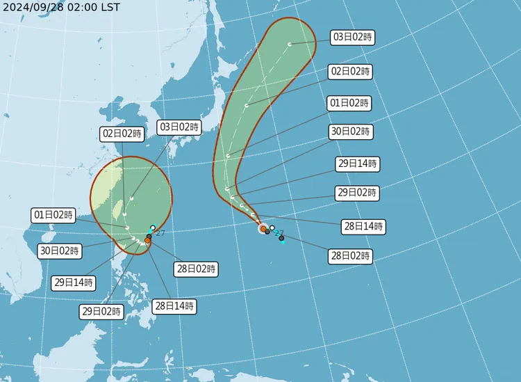 熱帶性低氣壓及颱風最新（28日2時）動態。中央氣象署