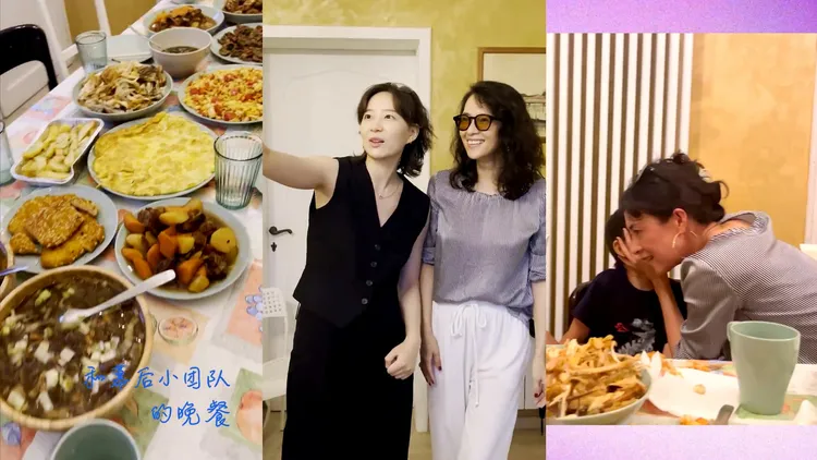 章子怡帶兒子前往威尼斯，和工作團隊煮中式家常菜解鄉愁，李斯丹妮（中圖左）前來作客。翻攝章子怡微博