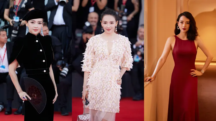 章子怡在威尼斯影展每每令人驚豔，換穿了Armani Privé（左起）、CHANEL，以及Chopard藝術總監兼聯合總裁Caroline Scheufele訂做的禮服。翻攝章子怡工作室微博