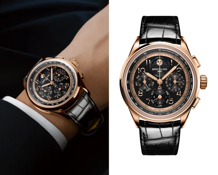 百年靈Premier B19 DATORA璞雅計時腕錶140周年版，42mm，18K紅金錶殼，黑色錶盤，黑色鱷魚皮錶帶，百年靈自製B19機芯，動力儲存96小時，防水深度100米，限量140只。品牌提供