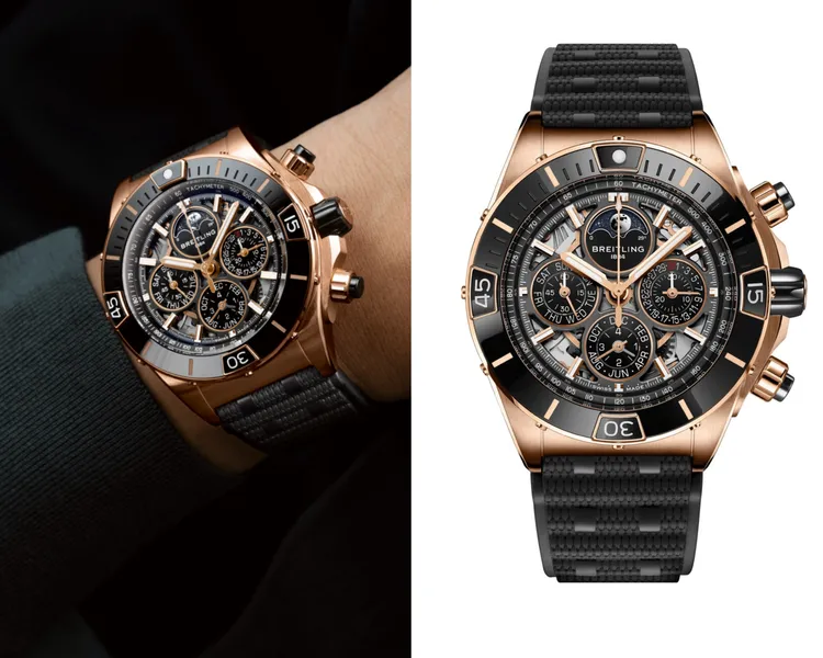 百年靈Super Chronomat超級機械計時B19萬年曆腕錶140周年版，44mm，18K紅金錶殼，灰色鏤空錶盤，Rouleaux風格橡膠錶帶，百年靈自製B19機芯，動力儲存96小時，防水深度100米，限量140只。品牌提供