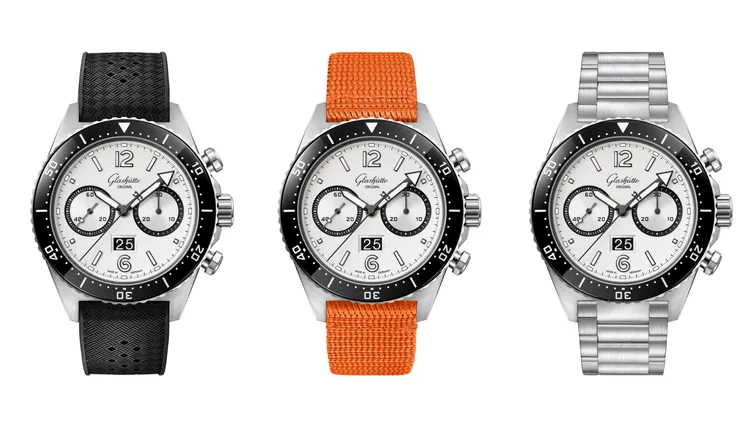 格拉蘇蒂原創了SeaQ計時腕錶，43.2mm，拋光/緞面磨砂精鋼錶殼，電鍍銀色錶盤，Calibre 37-23 自動上鍊機芯，動力儲存70小時，防水深度300米，黑色橡膠錶帶/橘色尼龍編織錶帶針扣款45萬9000元、摺疊扣款47萬元，金屬鍊帶款50萬元。品牌提供