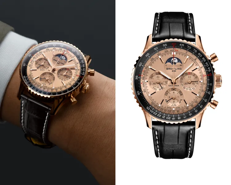 百年靈Navitimer航空計時B19萬年曆計時腕錶140周年版，43mm，18K紅金錶殼，18K紅金錶盤，黑色鱷魚皮錶帶，百年靈自製B19機芯，動力儲存96小時，防水深度100米，限量140只。品牌提供