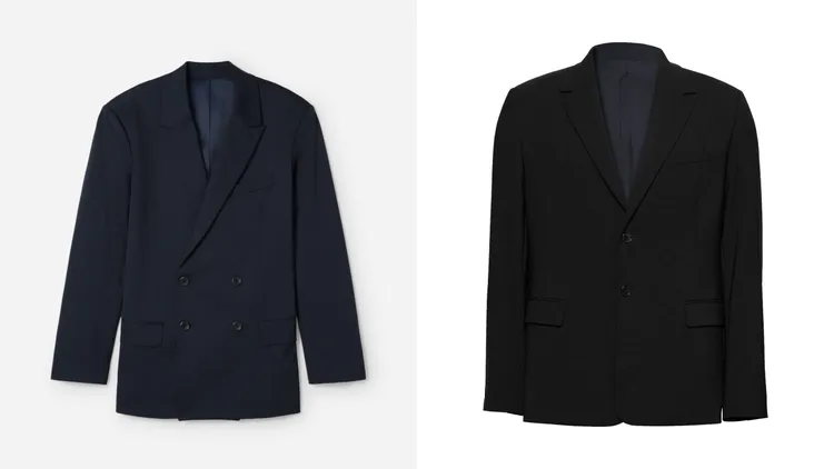 Calvin Klein雙排扣西裝外套（左）2萬980元、羊毛混紡修身西裝外套（右）1萬5980元。品牌提供