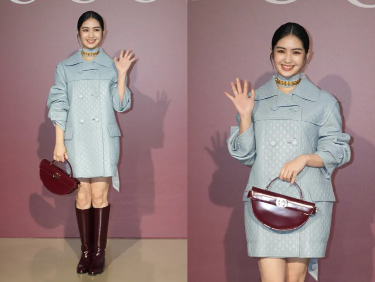 雷嘉汭穿上GG壓紋圖案輕盈nappa皮革短大衣31萬5000元、Charlotte Ancora紅色長靴8萬2200元、GG Logo釦飾Ancora紅色半月包14萬3600元。彭欣偉攝