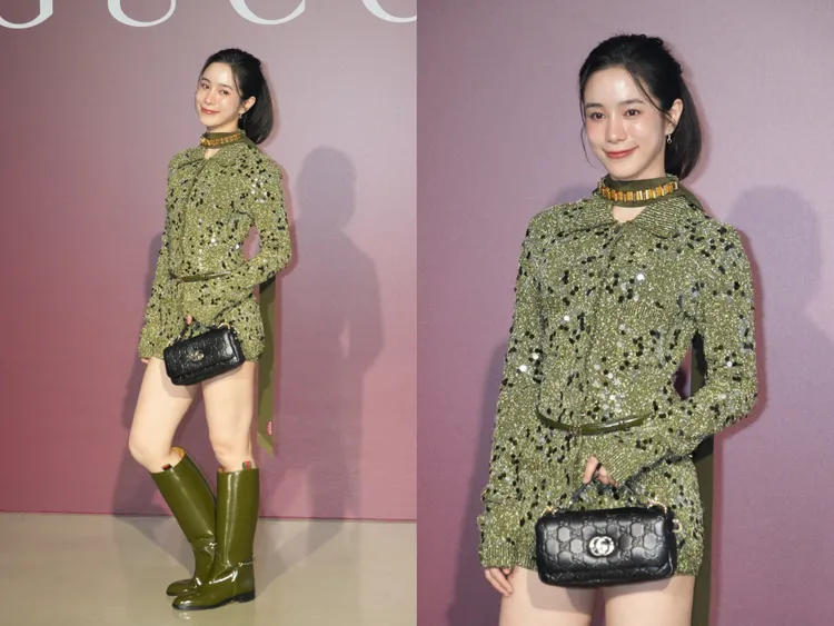 温貞菱演繹綠色亮片刺繡外套13萬2000元、短褲3萬9500元、鍍金項鍊8萬5400元、GG Milano黑色壓紋金屬鏈帶包10萬5700元。彭欣偉攝